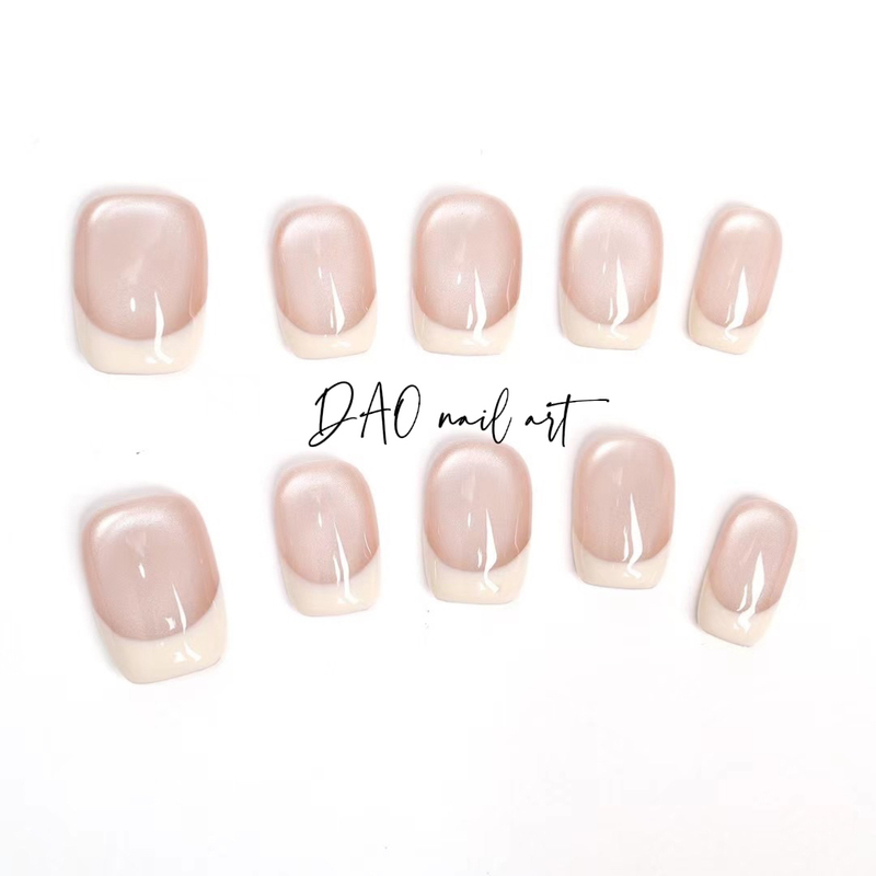 New Short Square 15mm Handmade Wearable Nails in Nude Pink French Cat-Eye Style, Elegant, Simple, Complexion-Enhancing, Versatile