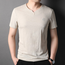 Japanese retro style linen short sleeved t-shirt for men's summer new V-neck thin middle-aged T-shirt with a base casual top