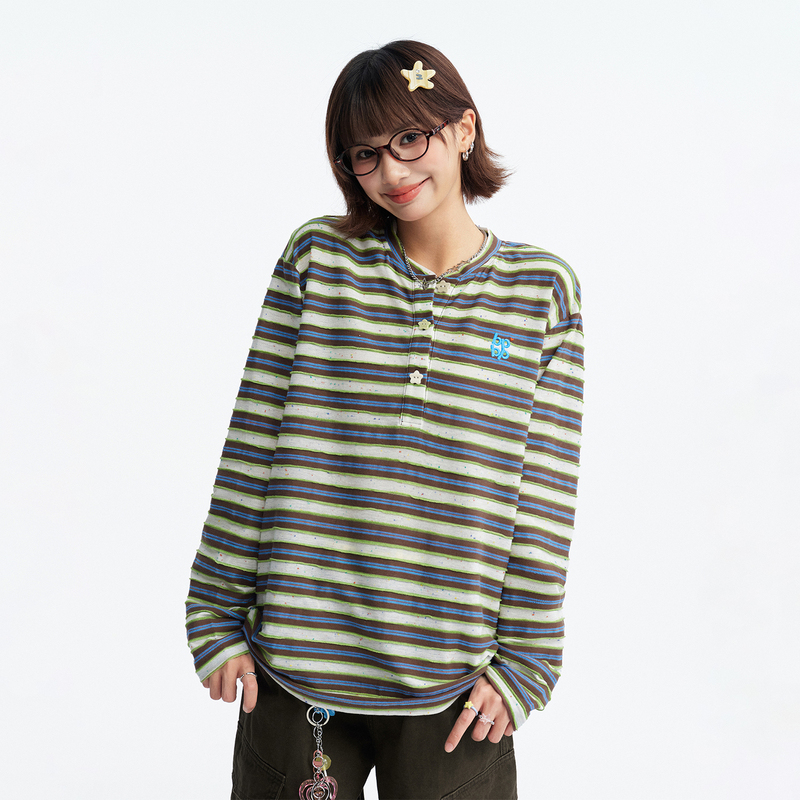 Bipolar Color Block Striped Henry Collar Long-Sleeve T-Shirt, Color-Blocking, Loose, Versatile, Striped, Vintage-Style Casual Top for Women, Autumn Bipolar Color Block Striped Henry Collar Long-Sleeve T-Shirt, Color-Blocking, Loose, Versatile, Striped, Vintage-Style Casual Top for Women, Autumn