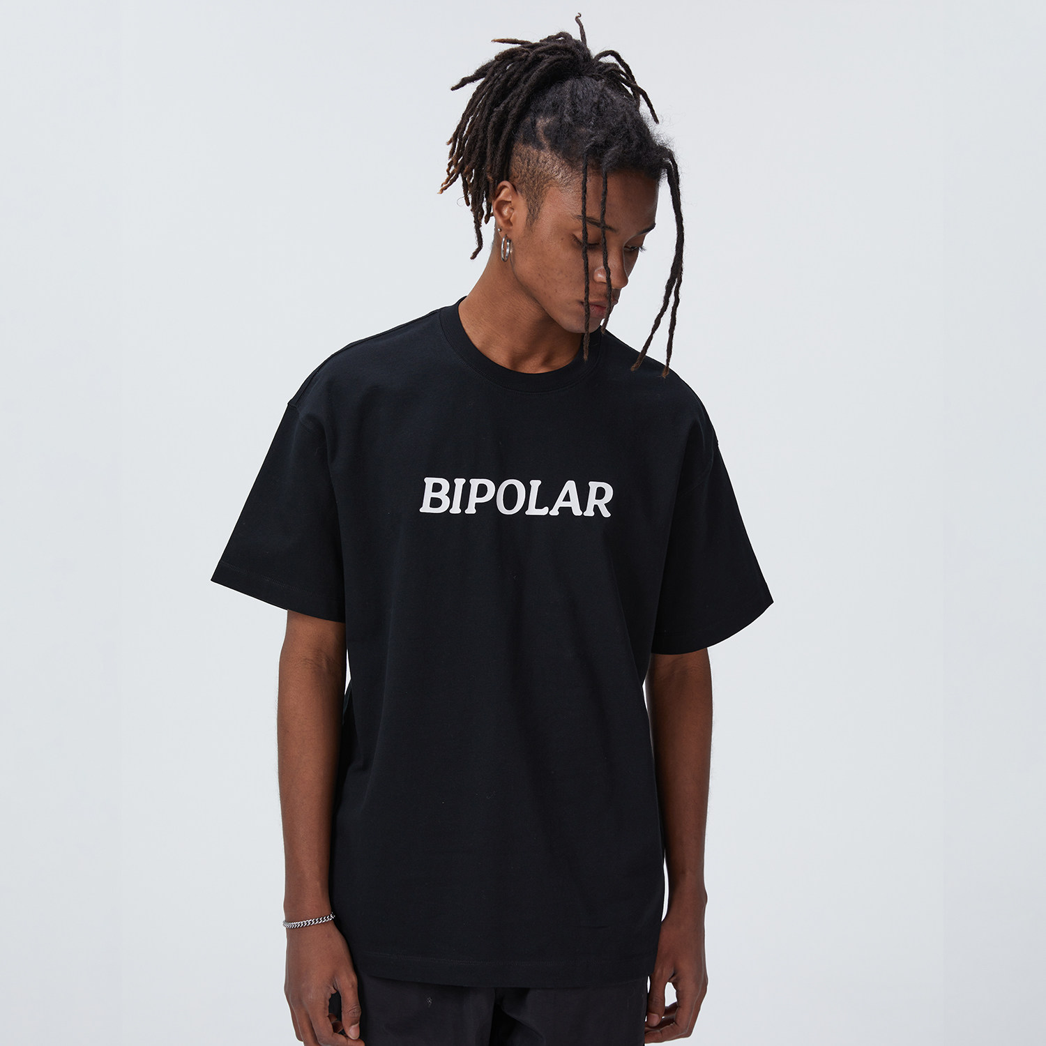 BIPOLAR Summer Loose Basic Strip Short Sleepy Male Casual Couple Black Printing Cotton T-shirt