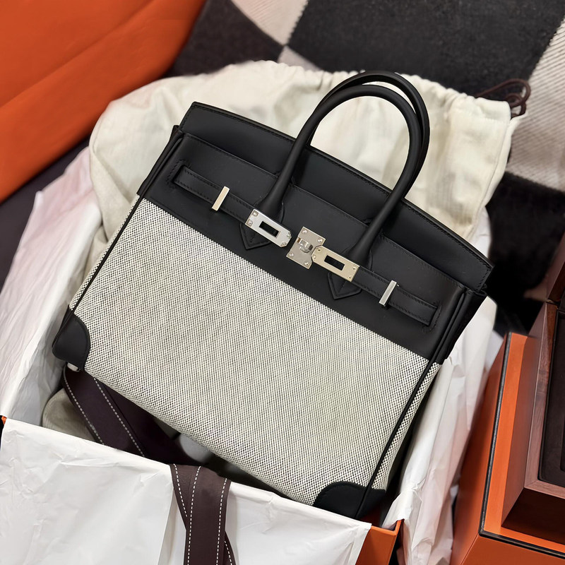 Fully Handmade Waxed Thread New Birkin Bag with Swift Leather and Canvas Bk25/30Cm Classic Handbag Kelly Bag