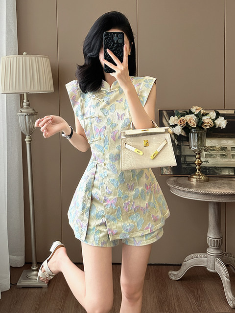 Summer Age-Reducing Fashion, Improved New Chinese Style National Style Suit, Feminine Butterfly Embroidery, Stunning Cheongsam Dress Two-Piece Set