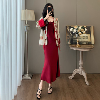 Fashionable New Chinese Style National Style Button-Up Retro Printed Top Women's Suit Elegant Lady Suspender Dress Two-Piece Set