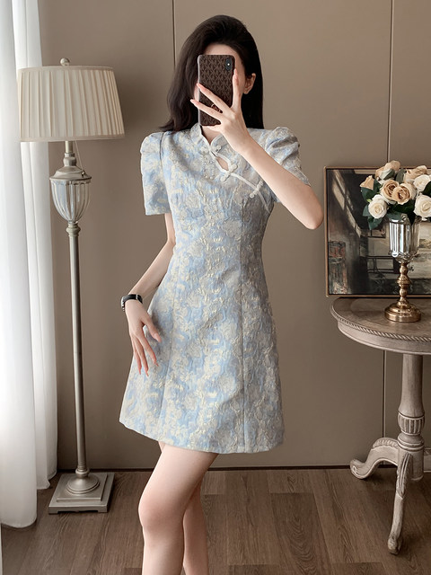 Summer Cheongsam, New Chinese-Style Women's Clothing, Chinese-Style Skirt, Petite Design, Elegant Puff Sleeves, A-Line Dress
