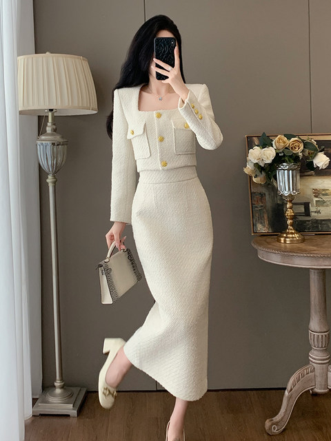 French-Style Socialite Fashion, Chanel-Inspired Square-Neck Short Jacket and High-Waisted Skirt Two-Piece Set for Women