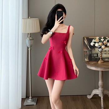 Summer Youthful and Fashionable Sweet Little Fragrance Style Pure and Sexy Off-Shoulder Dress for Women, French Bow Strap Dress