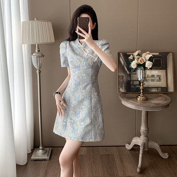 Summer Cheongsam, New Chinese-Style Women's Clothing, Chinese-Style Skirt, Petite Design, Elegant Puff Sleeves, A-Line Dress