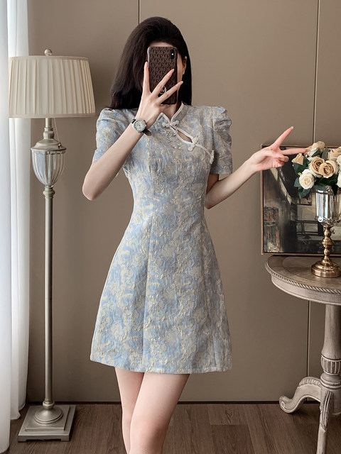 Summer Cheongsam, New Chinese-Style Women's Clothing, Chinese-Style Skirt, Petite Design, Elegant Puff Sleeves, A-Line Dress