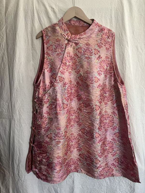 New Chinese Style Sleeveless Side-Slit Mid-Length Shirt Top Summer New Mid-Length Cheongsam Vest