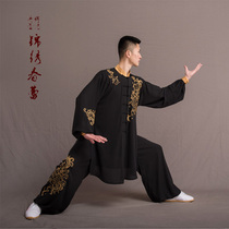New spring and summer Tai Chi suit for women male martial arts suit Tai Chi competition suit long black embroidered dragon totem