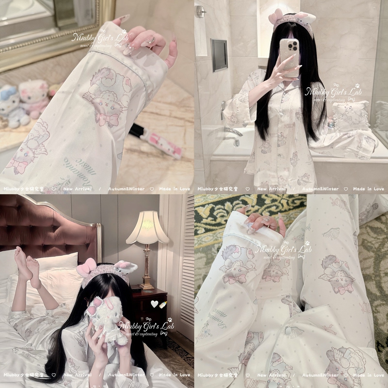 Miubby'Meow Meow Angel Dream' Pure Desire Sweet Cat Print Ice Silk Pajamas Spring and Autumn Long Sleeve Homewear