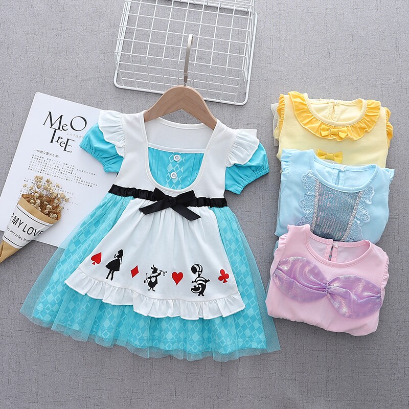 Ins kids little kids snow white dress baby baby Aisha cotton print short sleeves dress cartoon skirt