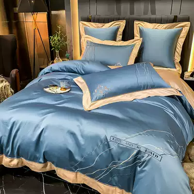 High-end light luxury style 100 long-staple cotton satin embroidery ice silk quilt cover four-piece cotton cotton sheet bed sheet 4