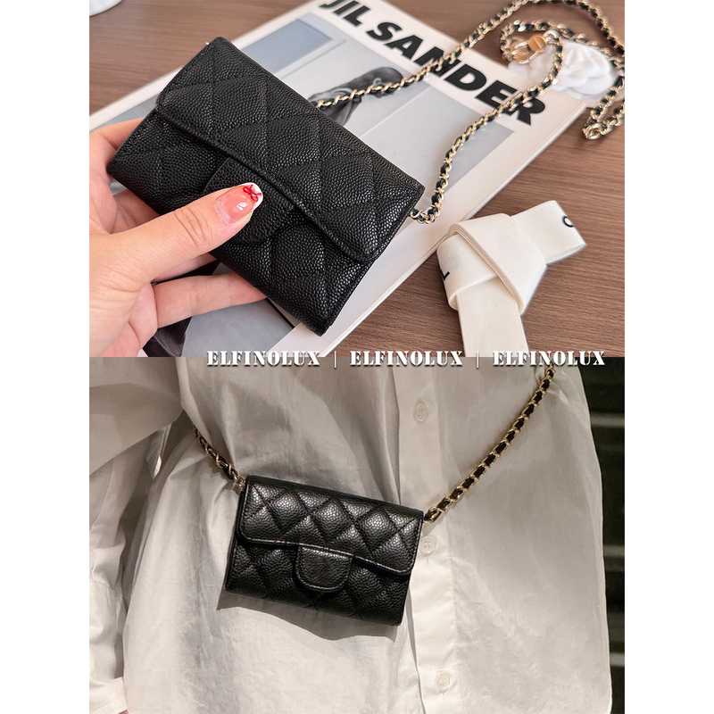 Elfinolux Is so Practical It Makes You Scream~ Leather Chain Black Gold Caviar Leather Wallet Card Holder Crossbody Waist Bag for Women Elfinolux Is so Practical It Makes You Scream~ Leather Chain Black Gold Caviar Leather Wallet Card Holder Crossbody Waist Bag for Women