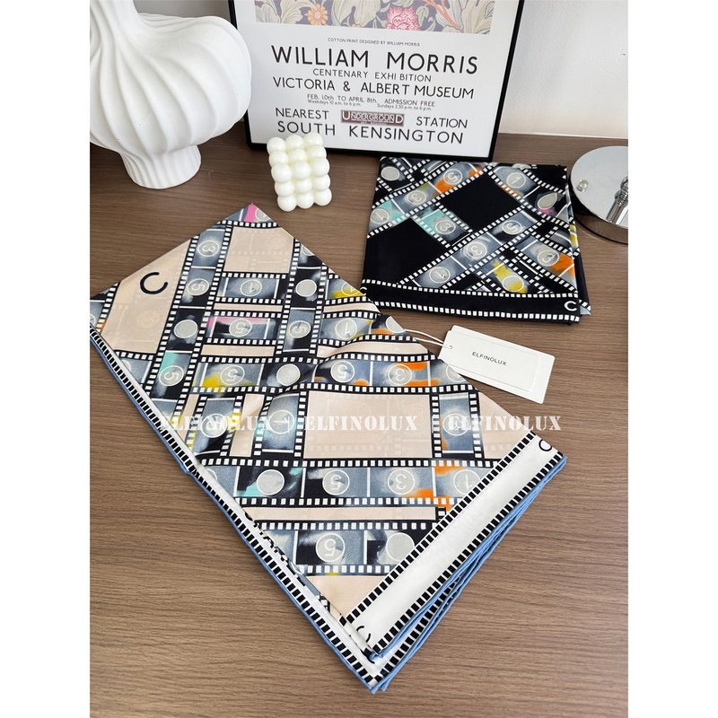 Elfinolux Retro Film Roll Double-Sided Printed Silk Scarf 90 Square Scarf Women's Accessories Silk Chest Wrap