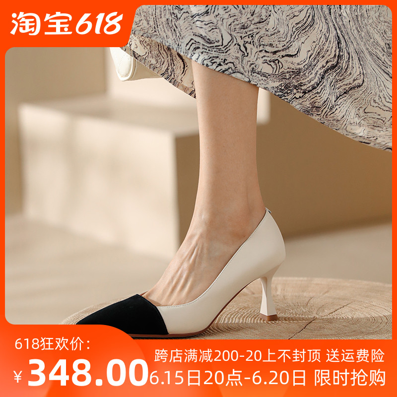 Small fragrant wind high heel shoe woman 2022 Spring new pointed fine heel shallow mouth single shoe genuine leather 100 lap retro shoes