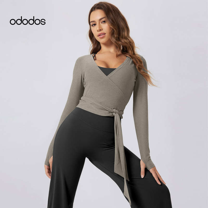 Ododos Sports Cover-Up Tie-Up Long-Sleeved Knitwear Jacket Women's Slim Cross V-Neck Sports Top