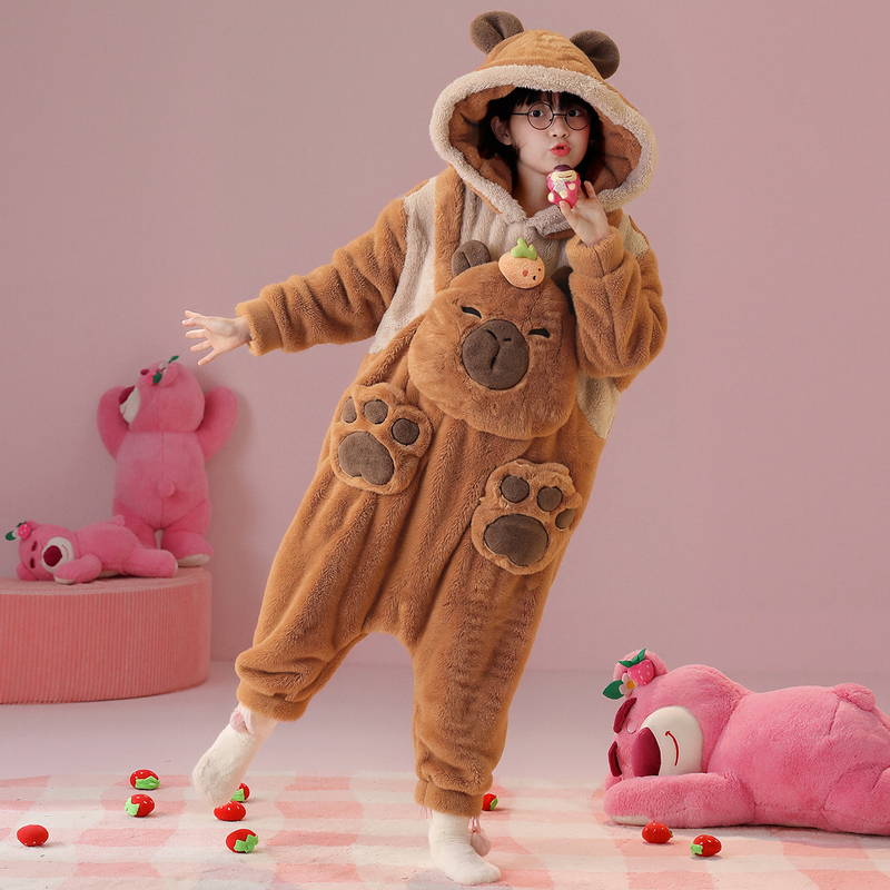 Kapibala Flannel Kidsren's One-Piece Pajamas for Girls Winter Coral Velvet Warm Anti-Kick Quilt Girls Home Clothes