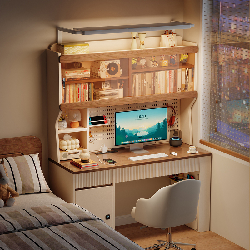 Cream-Style Desk and Bookcase Integrated Bedroom Home Student Children's Study Table Office Solid Wood Computer Desk Workbench