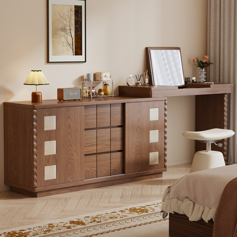 Medieval-Style Bedside Cabinet, Dresser, Integrated Solid Wood Dressing Table, Storage Cabinet, Bedroom Flip-Top Dressing Table with Hidden Mirror