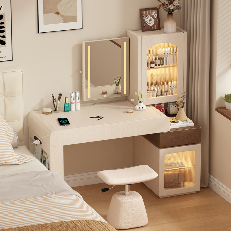 Suitable for the Bedroom, the Dressing Table Integrated Cabinet with Mirror Can Be Hidden, Cream-Style Desk, Makeup Table, Two-In-One Computer Desk