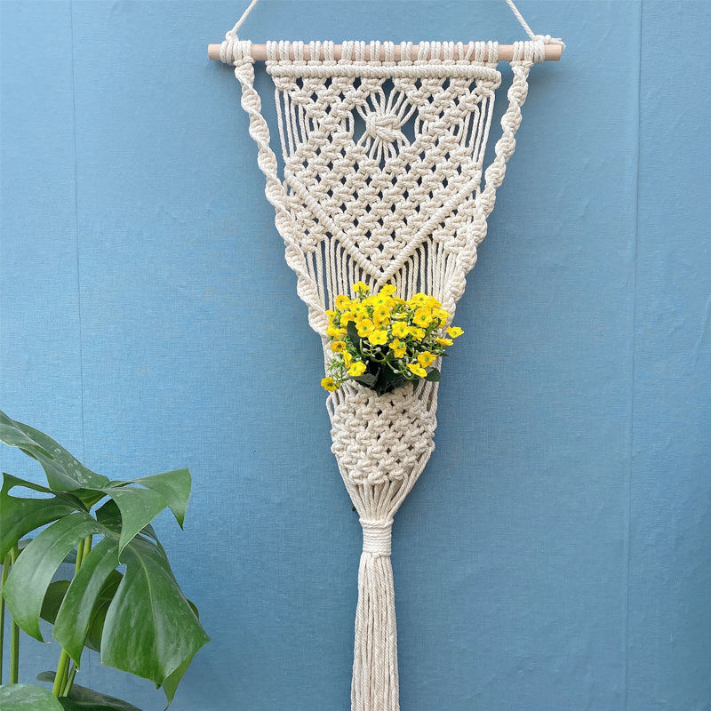 Nordic Hand Woven Dry Flower Basket Hanging Blanket Home Decoration Wall-mounted Basket Ins Cotton Rope Mesh Hood Basket Finished