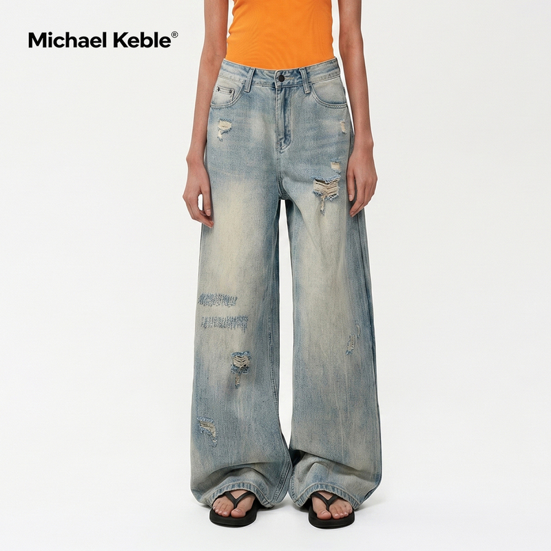 Michael Keble Blue Low-Waist Wide-Leg Jeans for Women 2026 Summer Thin Slim-Fit Straight Ripped Pants