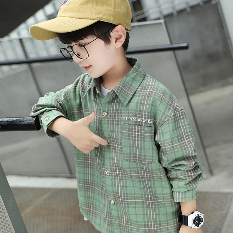 Boy Clothing Boy Pure Cotton Mill Fur Sleeves Shirt Children Plaid Shirt 2022 Spring Autumn Dress New CUHK Youngite Wave