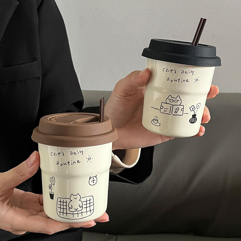 Kitten Series Ceramic Coffee Cup with Lid, Convenient Portable Cup, Mug, Hand-Held Cup, Office Water Cup, Breakfast Cup Kitten Series Ceramic Coffee Cup with Lid, Convenient Portable Cup, Mug, Hand-Held Cup, Office Water Cup, Breakfast Cup