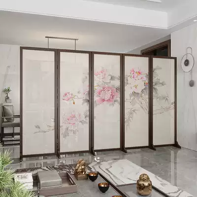 Chinese living room screen partition decoration mobile folding porch Tea House hotel solid wood rich peony folding screen