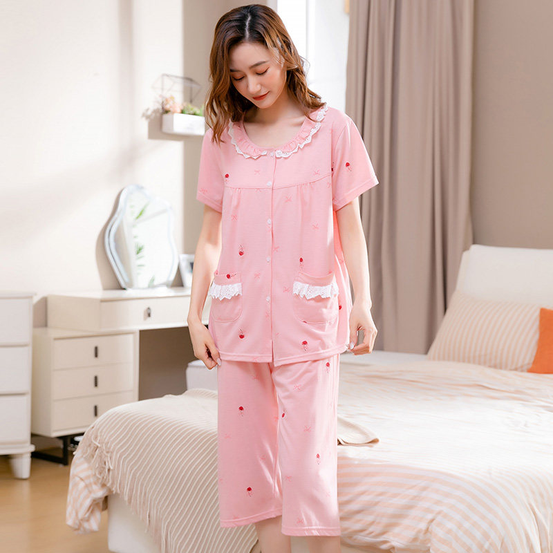 Middle-aged lady summer cotton short sleeve two sets summer mommy home clothes simple open shirt collar