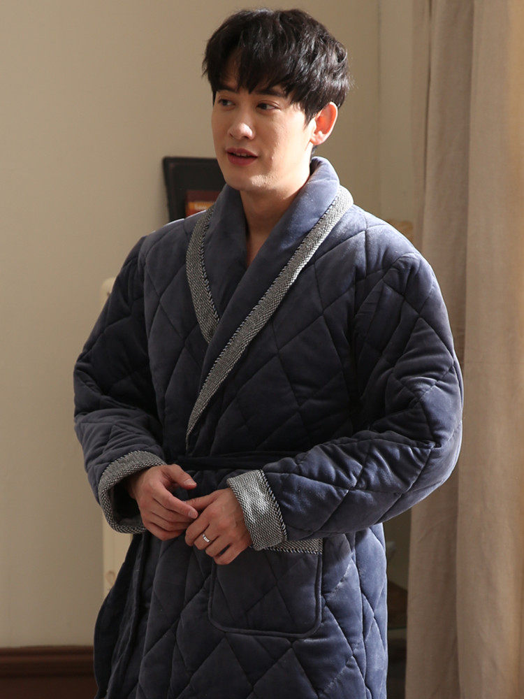 Men's nightgown winter thickened extended three-layer warm padded bathrobe winter coral velvet robe pajamas men's