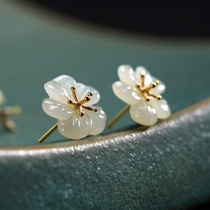 S925 pure silver gilded inlaid and field jade white jade plum flower girls jade small flower 100 hitch silver ear nail decoration