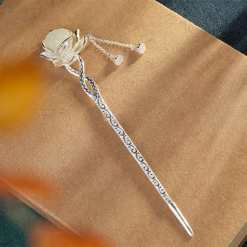 S925 sterling silver Hetian jade white jade lotus lotus Thai silver Hanfu ancient style cheongsam silver hairpin earrings ring hair accessories