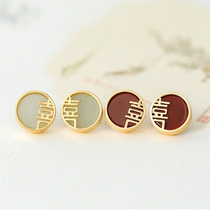 S925 sterling silver gilded inlay Hetian Jade South red agate double happy round Chinese style retro female jade earrings