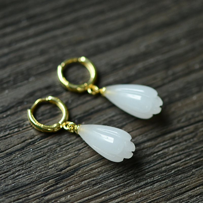 s925 silver inlaid Hetian jade white jade women's circle temperament simple fashion earrings earrings earrings hypoallergenic