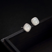 S925 sterling silver natural Hetian Jade White Jade retro simple Joker literary female temperament silver earring jewelry