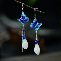 s925 silver inlaid and field jade Orchid Jingtai Blue butterfly earrings Long style lady Gou Wind silver ear pendant ear hook