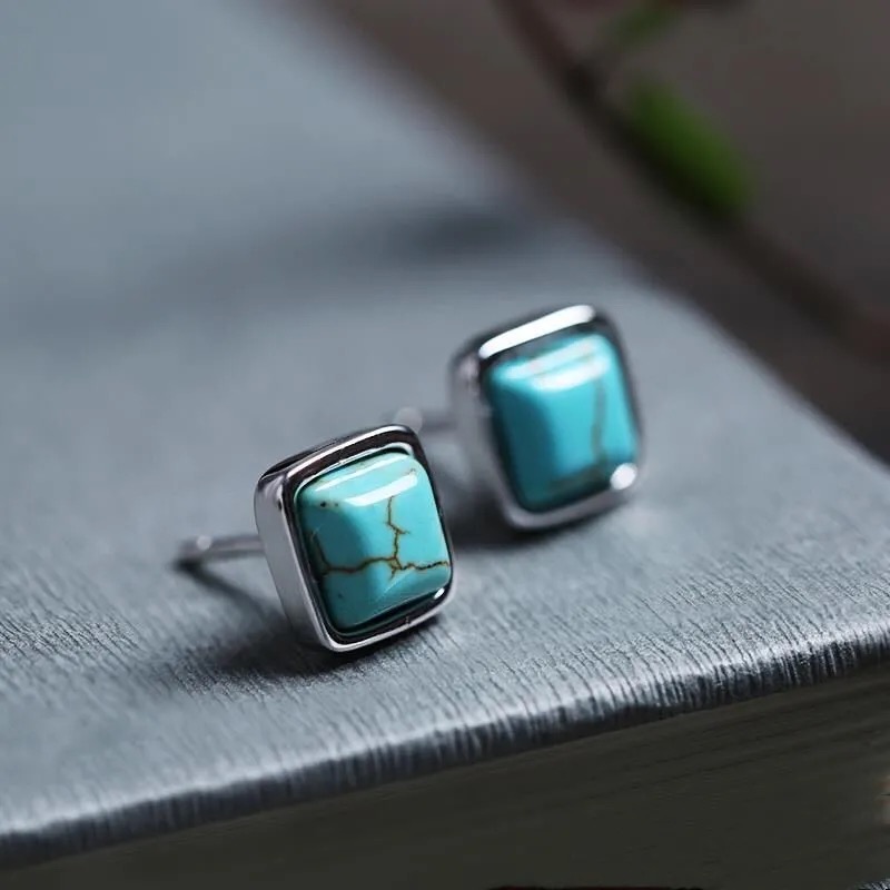 925 sterling silver earrings women's natural turquoise minority literary fashion simple retro temperament crystal earrings jewelry
