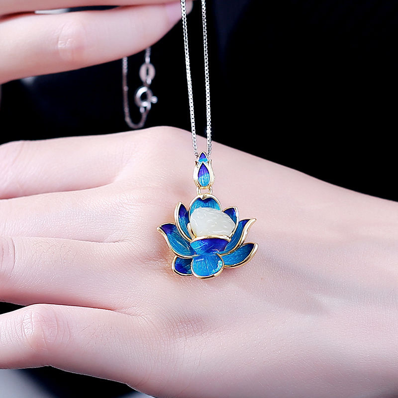 Cloisonne Lotus Pendant S925 Sterling Silver Lotus Pond Hetian Jade Necklace Retro Simple Clavicle Chain White Jade Pendant
