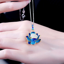 Jingtai Blue Lotus Pendant S925 Pure Silver Lotus and Tian jade Necklace Retro Simple Lock Bone Chain White Jade Pendant