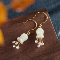 S925 sterling silver inlay Hetian Jade bolls Pearl gilded ball tassel female high grade temperament earrings earrings