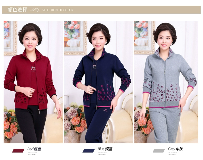 Trung và già 2018 mới mùa xuân và mùa thu phù hợp với thể thao nữ ba mảnh mẹ mặc đồ thể thao cotton mùa xuân cỡ lớn