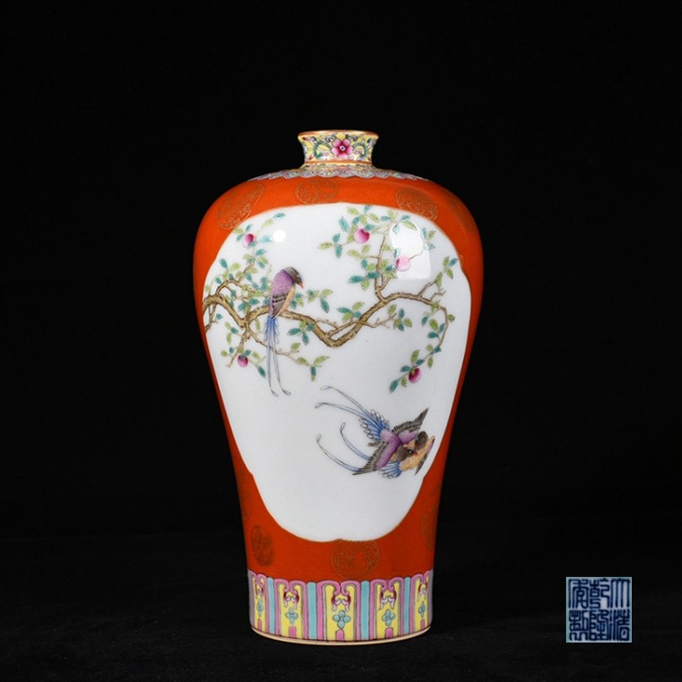 清乾隆矾红描金开窗珐琅彩花鸟纹梅瓶古玩古董回流瓷器艺术收藏