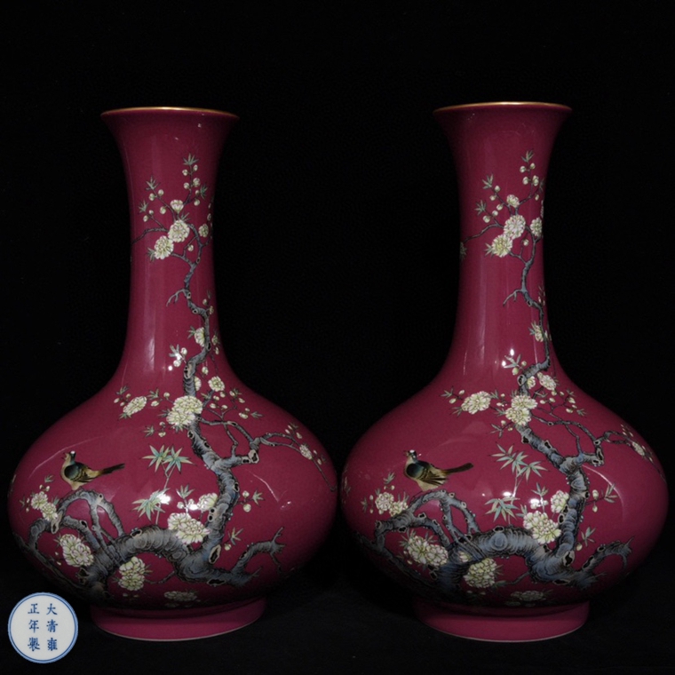 旧家蔵出　清国時代　大型　雍正｜描金｜胭脂紅｜花鳥紋｜天球瓶 逸品　置物 逸品　置物 旧家蔵出　清国時代　大型　雍正｜描金｜胭脂紅｜花鳥紋｜天球瓶