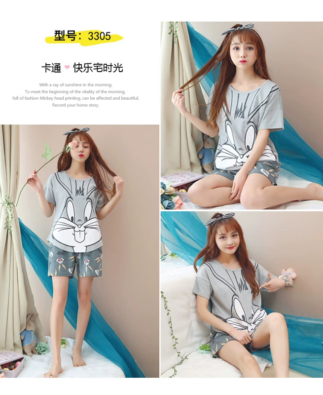 Nam Cực phiên bản Hàn Quốc của đồ ngủ cotton nữ mùa hè quần short tay ngắn kích thước lớn lỏng lẻo phụ nữ hoạt hình phù hợp với dịch vụ nhà