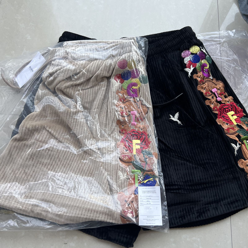 Doublet Unisex Summer Heavy Embroidery Bear Pattern Corduroy Loose Straight Five-Point Shorts