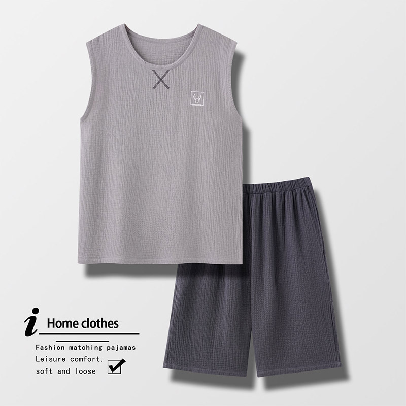 2026 New Double-Layer Gauze Men's Pajamas Summer Pure Cotton Vest Shorts Set Loose Large Size Home Wear
