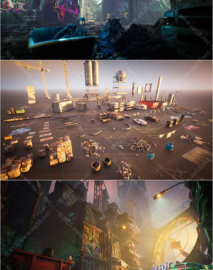 Unreal Engine影视游戏关卡制作多功能赛博废料场环境套装