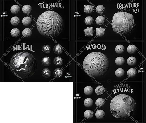 550 + 种Blender风格化金属岩石木头接缝损坏毛皮毛发笔刷（含4K Alphas）
